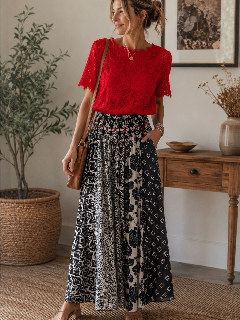 EARTHBOUND Black & Cream Patterned Wide-Leg Pants
